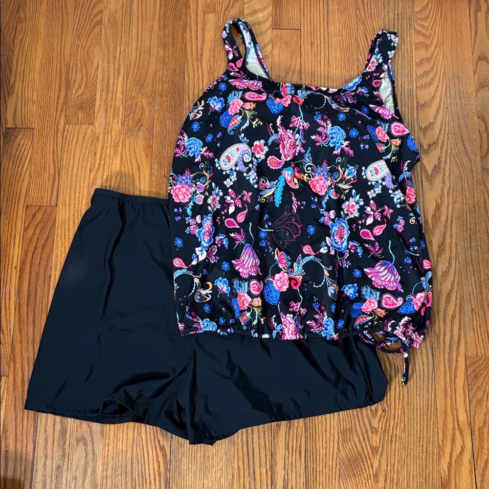 T.H.E. Blouson Tankini Top Swim Shorts Floral Black plus size 22W NWT Mastectomy